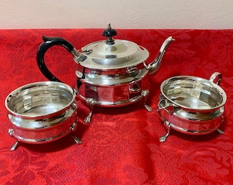 Early English 20th Century EPNS or Silver Plate Tea Service including Teapot Sugar Bowl and Milk Jug or Creamer - Made in England