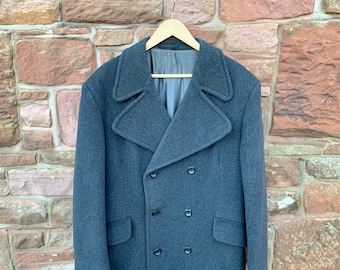 CLASSIC ENGLISH OVERCOAT - Vintage 70s or 80s Mens British English Double Breasted Wool Mix Dark Grey High Quality Overcoat