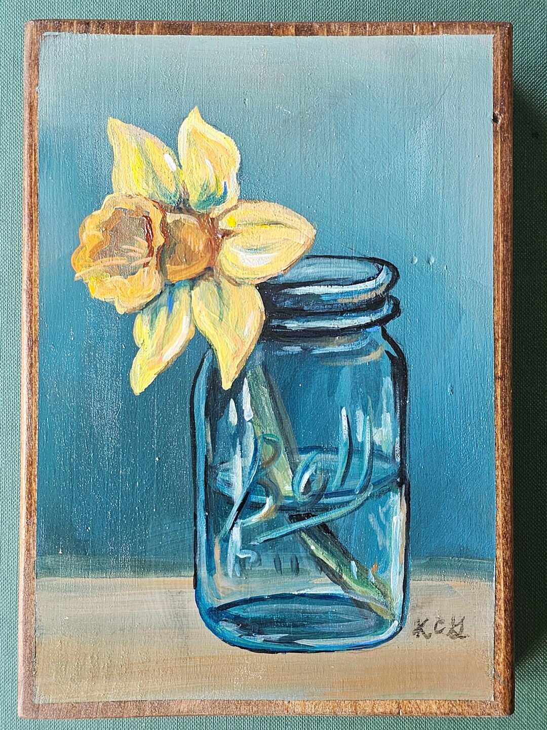 Daffodil in a Mason Jar Hand Painted Wood Block Art. Etsy