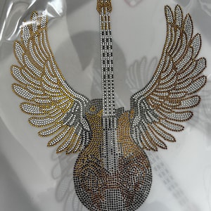Guitar with Wings Rhinestone iron on Heat Transfer Design, guitar patch iron on rhinestones, ready to transfer
