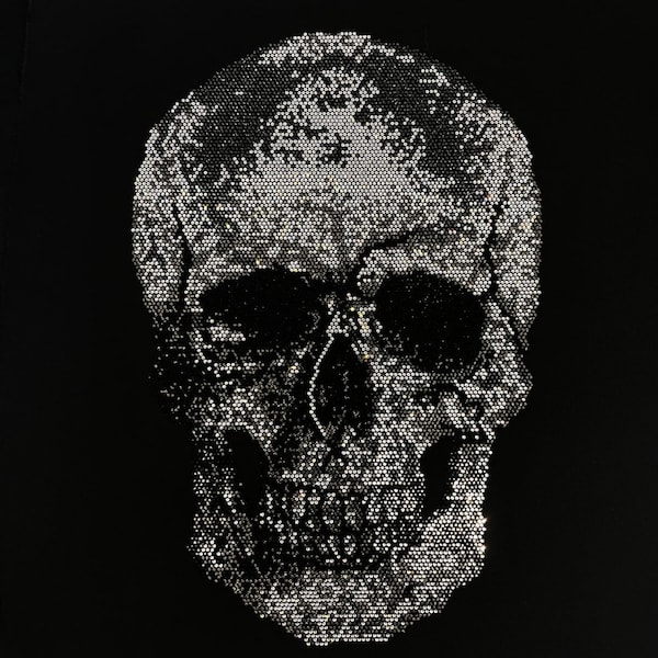 Black Skull Silver strass Design, fer sur transfert de crâne, conception de crâne hot fix, fer de chemise personnalisé sur les patchs, décalcomanie de crâne en strass