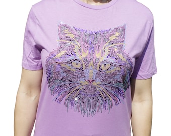 Rhinestone Cat iron on Heat Transfer Crystal Patch, heat transfer cat applique , custom shirt cat motif design
