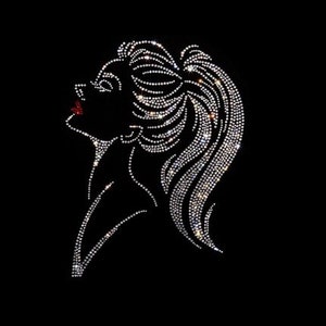 Red lip girl rhinestone iron on heat transfer design, iron on hot fix rhinestone patch , clothing decal , rhinestone motif, ready to press