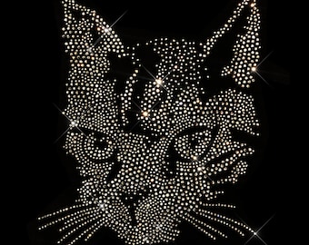 Crystal Cat logo iron on rhinestone bling motif design for clothing , heat transfer car applique, custom shirt cat motif