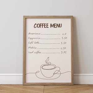 Arte de parede para impressão de menu de café minimalista para decoração de estação de café, pôster de menu de café digital, placa de decoração de bar de café de cozinha