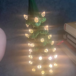 Ceramic green Christmas Tree Lighted table top decoration White Holiday Bulbs  lights lighting greens evergreen nostalgia  whites 9x4” led
