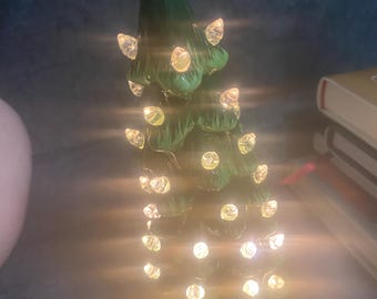 Ceramic green Christmas Tree Lighted table top decoration White Holiday Bulbs  lights lighting greens evergreen nostalgia  whites 9x4” led