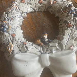 Ceramic Christmas wreath glass breakable pixie pixies elf elves decoration decor hanging ornament ornaments white blue leaves leaf fairy