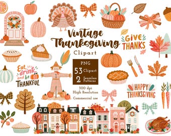 Vintage Thanksgiving Clipart Bundle, Retro Harvest PNG, Cute Turkey Pumpkin Autumn Watercolor, Baby Shower Invitation, 53 PNG & 2 Seamless
