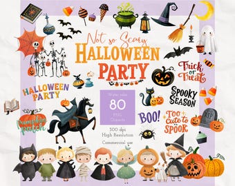 Watercolor Halloween Clipart Bundle Cute Spooky Kids Costume Party PNG Elements Pumpkin Ghost Witch Graphics (Commercial Use)