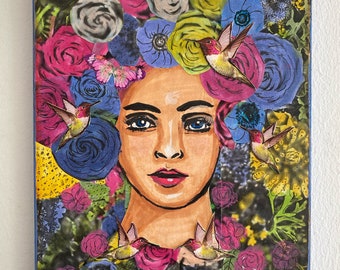 May include: A colorful collage featuring a woman's face surrounded by flowers, butterflies, and hummingbirds. The woman has blue eyes and red lips. The background is a mix of green, blue, and yellow.