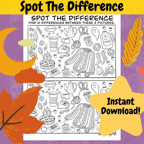 Spot The Difference Fall, kids activity sheet, Halloween game, instant download, Halloween Activity, coloring sheet, teacher printable