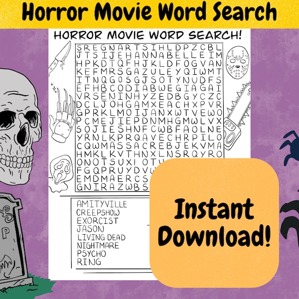 Horror Movie Word Search, Horror Movie Activity, Halloween PDF, Instant Download, Printable,
