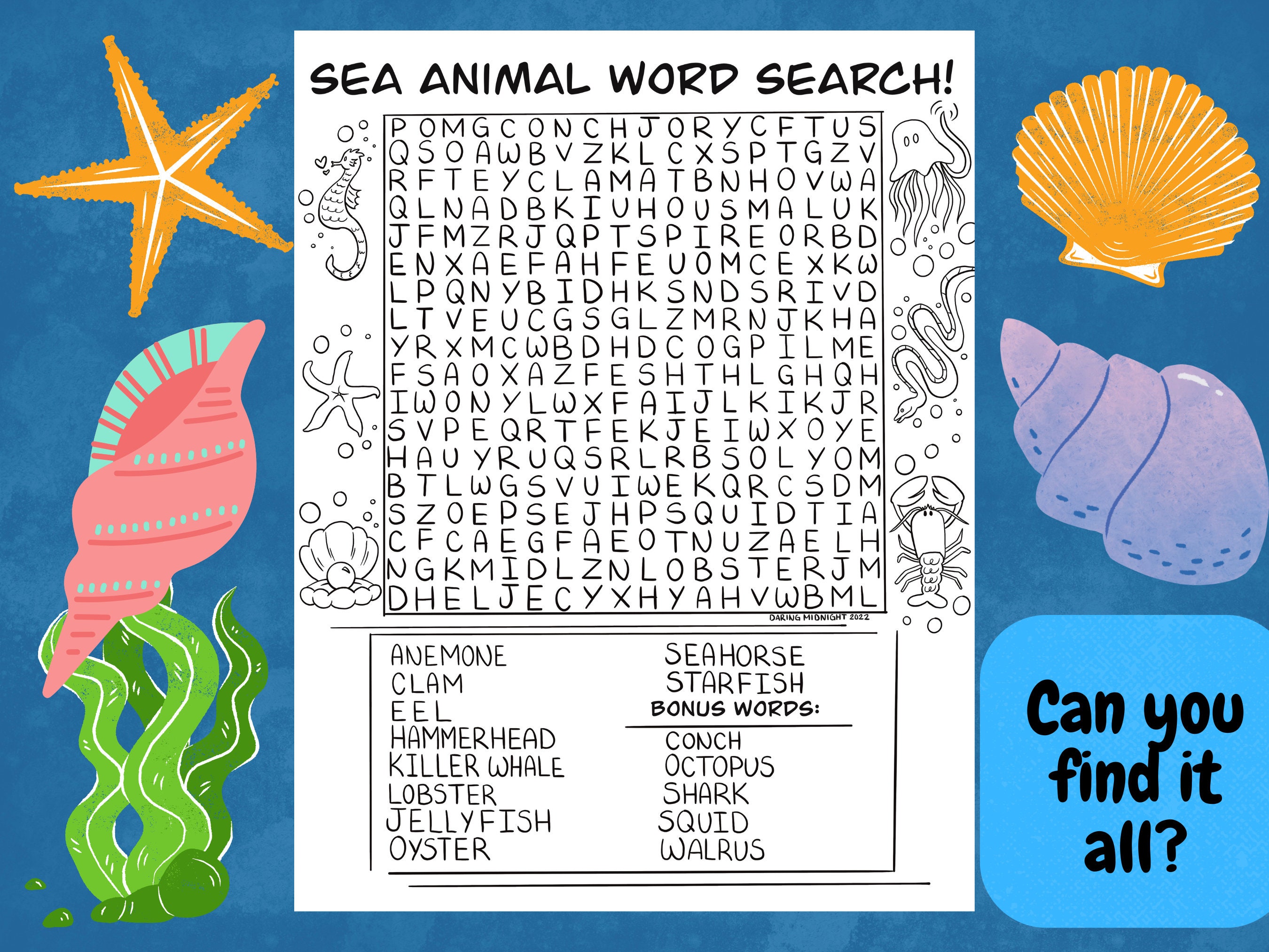 Sea Animal Word Search - Etsy