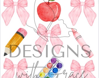 Coquette Teacher PNG Bundle | Pink Bow School Clipart | Watercolor Teacher Supplies | Instant Digital Download