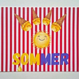 Postkarte Sommer A6 - Lächelnde Sonne & Eis | Sommerliche Grußkarte mit Gute-Laune-Design | Hochwertige Sommer Postkarte