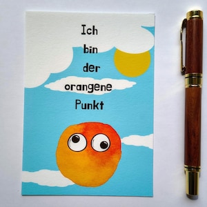 Witzige Postkarte A6 "Ich bin der orangene Punkt" – Fine Art Karte, minimalistisch & ironisch, Kunstmotiv über das Menschsein