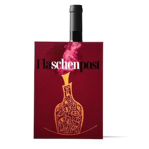Cartolina "Messaggio in bottiglia" – Cartolina artistica formato A6 in rosso vino con motivo a bottiglia, regalo per gli amanti del vino