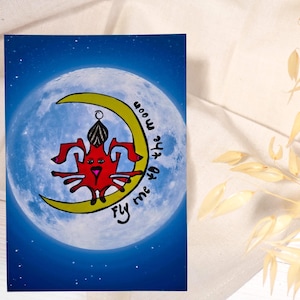 Illustrazione di una luna fantasy in cartolina - Stampa artistica A6 - "Portami sulla luna" - Cartolina d'arte magica - Idea regalo per sognatori