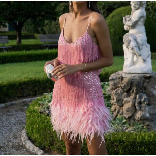 Tassel Sequins Feather Mini Dress Spaghetti Strap Stitching Etsy