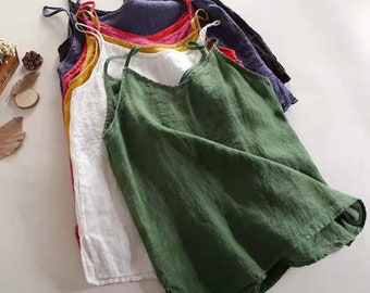 Summer Top Cotton Linen Spaghetti Strap Top | Halter V Neck Basic Yellow Sleeveless Tank Tops