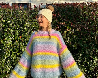 Colorful Striped Sweater, Hand Knitted Warm Sweater, Oversize Sweater, Multi Colored Sweater, Knitted Sweater Multicoloured