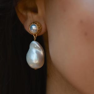 Large Baroque Pearl Drop Earrings, 22k Gold Plated Brass