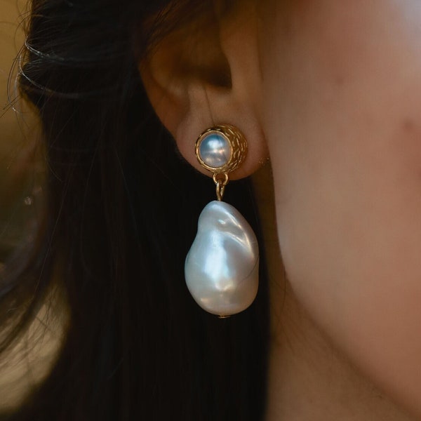 Large Baroque Pearl Drop Earrings, White Fireball Baroque Statement, Bridal Earrings, Minimalist Dainty Pearl Earrings, Bridesmaid Earrings