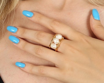 Handmade Gold Ring, 14k Gold Dainty Pearl Ring, Adjustable Ring, Minimalist Ring, Statement Ring, Mother's Day Gift, Friendship Gold Ring