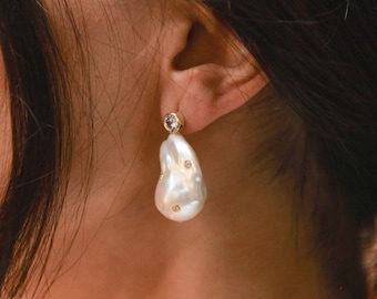 Luxury Real Pearl Earring, Pearl Dangle Earring, Natural Baroque Pearl Drop Earrings, Bridesmaid Gift, Statement Earring, Wedding Jewelry