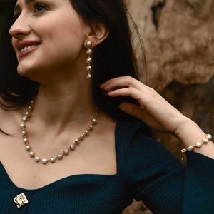 Handmade Pearl Jewelry Set, Statement Pearl Set, Bridesmaid Gold and Pearl Jewelry Set, Freshwater Pearl Jewelry Set, Unique Birthday Gift