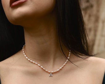 Handmade Zircon Letter Rice Pearl Necklace, Custom Pearl Choker, Personalized Pearl Choker, Mother's Day Gift, Bridesmaid Gift,Birthday Gift