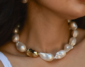 Large Baroque Pearl Statement Necklace, Baroque Pearl Collar, Chunky Pearl Necklace, Pearl Beaded Choker, Wedding Necklace, Anniversary Gift