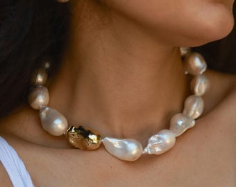 Large Baroque Pearl Choker, White Freshwater Pearl, Gold Accent Necklace