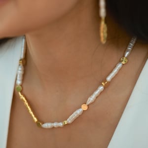 Long Pearl Necklace, White and  Gold Pearl Necklace, Biwa Stick Pearl Necklace, Statement Necklace, Bridal Pearl Choker, Bridesmaid Necklace