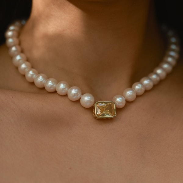 Ras de cou avec pendentif en citrine fait main, collier et boucles d'oreilles en citrine et perles, ensemble de collier de mariée, collier de demoiselle d'honneur, coffret cadeau unique