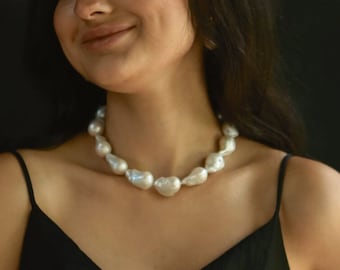 White Baroque Pearl Statement Necklace, Large Flameball Pearl Choker, Bridal Pearl Choker, High Luster Pearl Necklace, Unique Birthday Gift