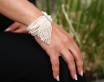 Handmade Multi Strand Pearl Bracelet, Statement Bracelet, Pearl Beaded jewelry, Bridal Pearl Jewelry, Real Pearl Bracelet, Anniversary Gift