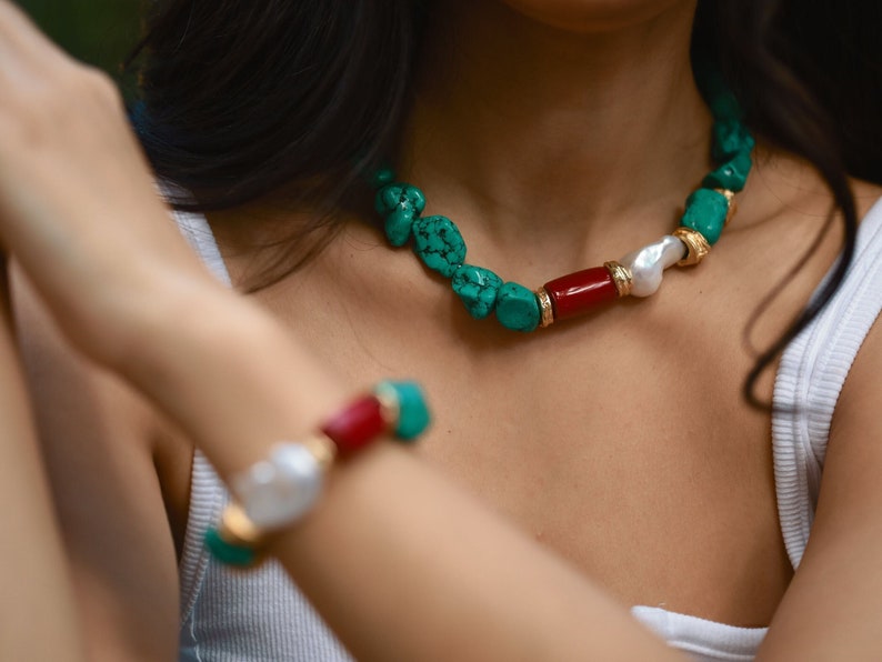 Genuine Turquoise Red Coral and Pearl Jewelry Set, Large Chunky Turquoise Set, Turquoise Statement Jewelry Set, Boho Gemstone Jewelry Set image 1