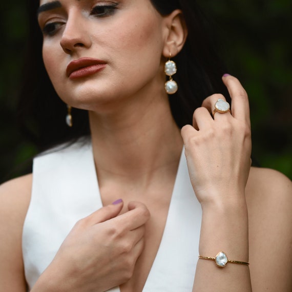 Handmade Minimalist Jewelry Set, Bridesmaid Gold and Pearl Jewelry Set, Prom Jewelry Set, Freshwater Pearl Jewelry Set, Unique Birthday Gift