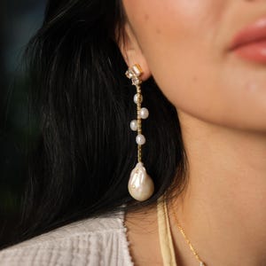Zircon Branch and Baroque Pearl Drop Earring, Bridal Statement Jewelry, Handmade Elegant Earring, Long Pearl Dangle Earring, Wedding Jewelry