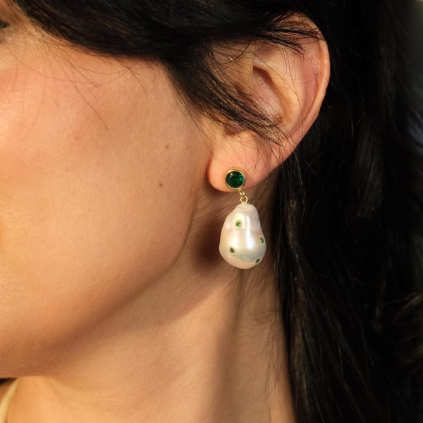 Emerald Green Zircon and Pearl Drop Earrings, Unique Wedding Earrings, Handmade  Baroque Pearl Jewelry, Statement Dangle Pearl Earrings