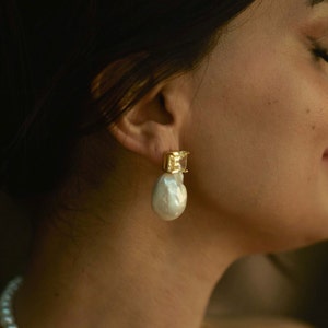 White Baroque Pearl Drop Earrings in 18ct. Yellow Gold Plated Sterling