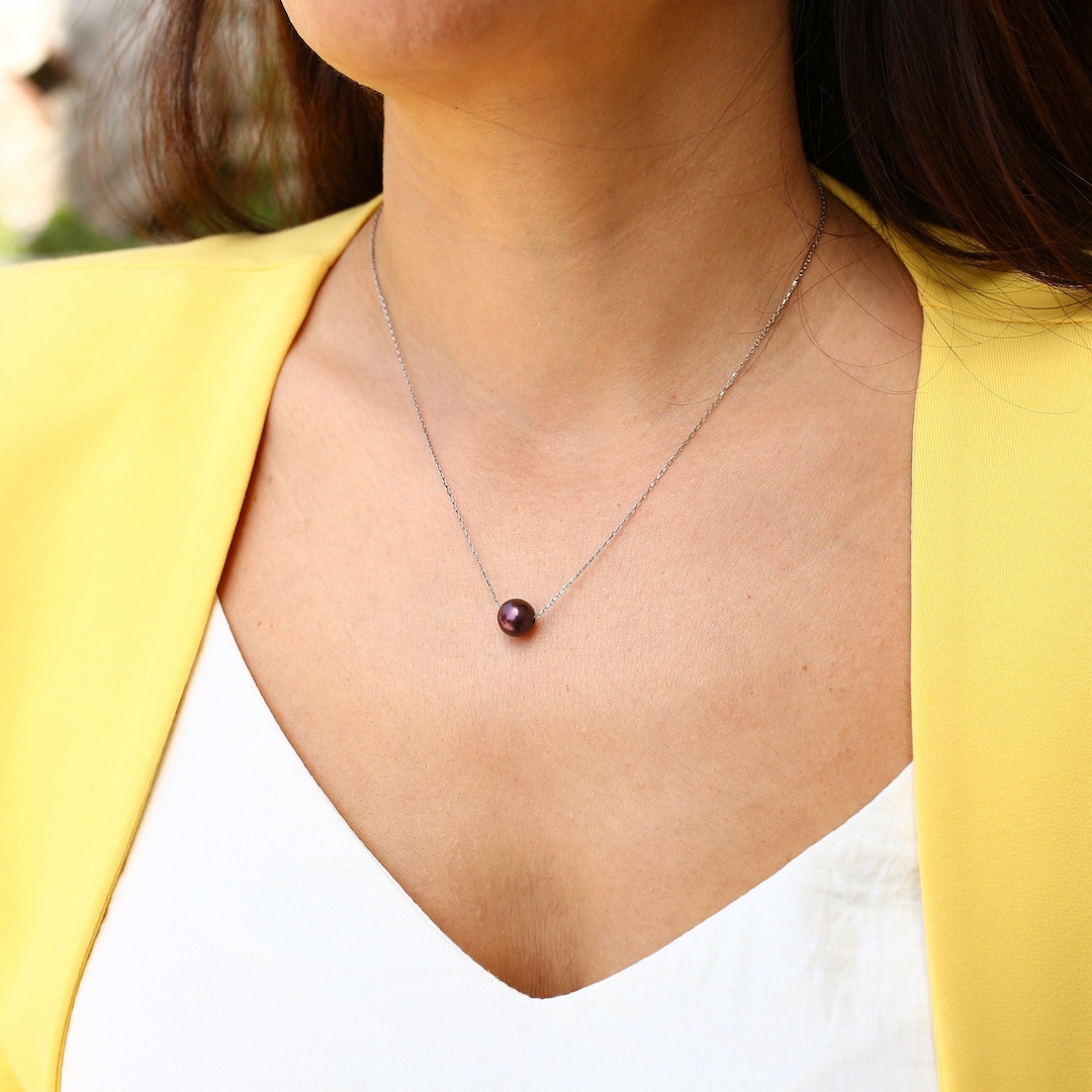 Single Floating Pearl Necklace, Simple One Pearl Pendant, Natural Pearl Choker, Minimalist