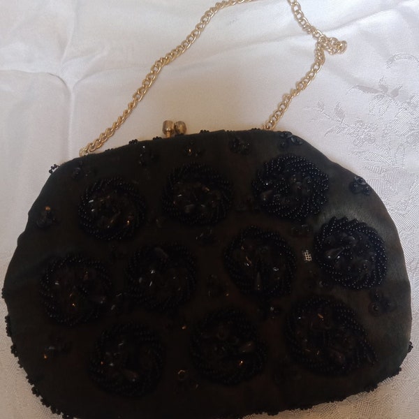 Authentic 1950s Black Vintage Bag/Purse with Beading and Gold Chain Strap and Clasp