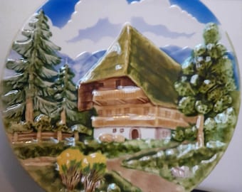 Beautiful Hand Painted Vintage Mid Century Majollica Village German Plate 36cm