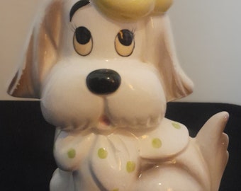 Adorable Vintage 60s Cream and Brown Dog Ornament with Yellow Beret and Polka Dot Bandanna