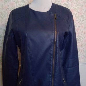 vintage Blue Leather Look Zipper Jacket Katies Vegan Friendly Taille 8