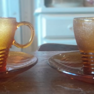 Charming Mid Century Vintage French Amber Cup And Saucer Set 4 Pieces Duralex of France As New