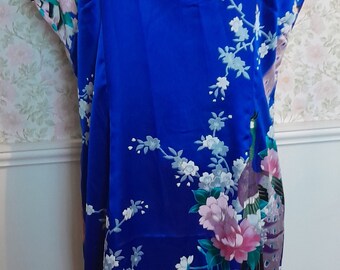 Blue  Cheongsam Dress with Flower and Peacock Detail and Keyhole Neckline Size XL New